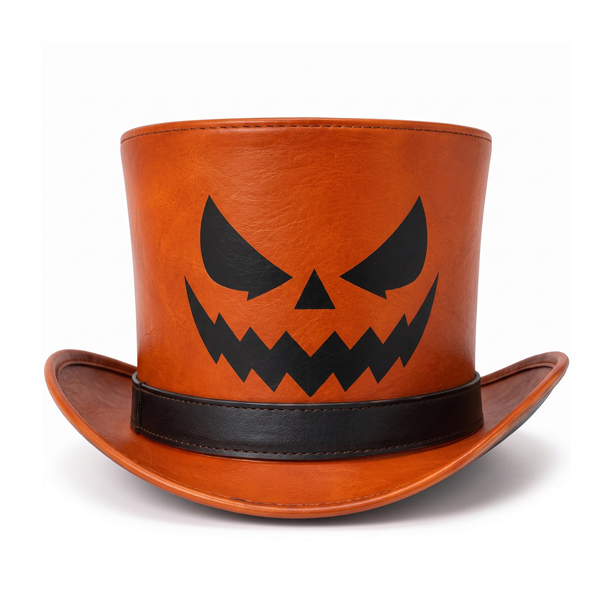 Orange Halloween Leather Top Hat – Spooky Jack O'Lantern Pumpkin Face Design For Costumes, Cosplay, And Party Apparel