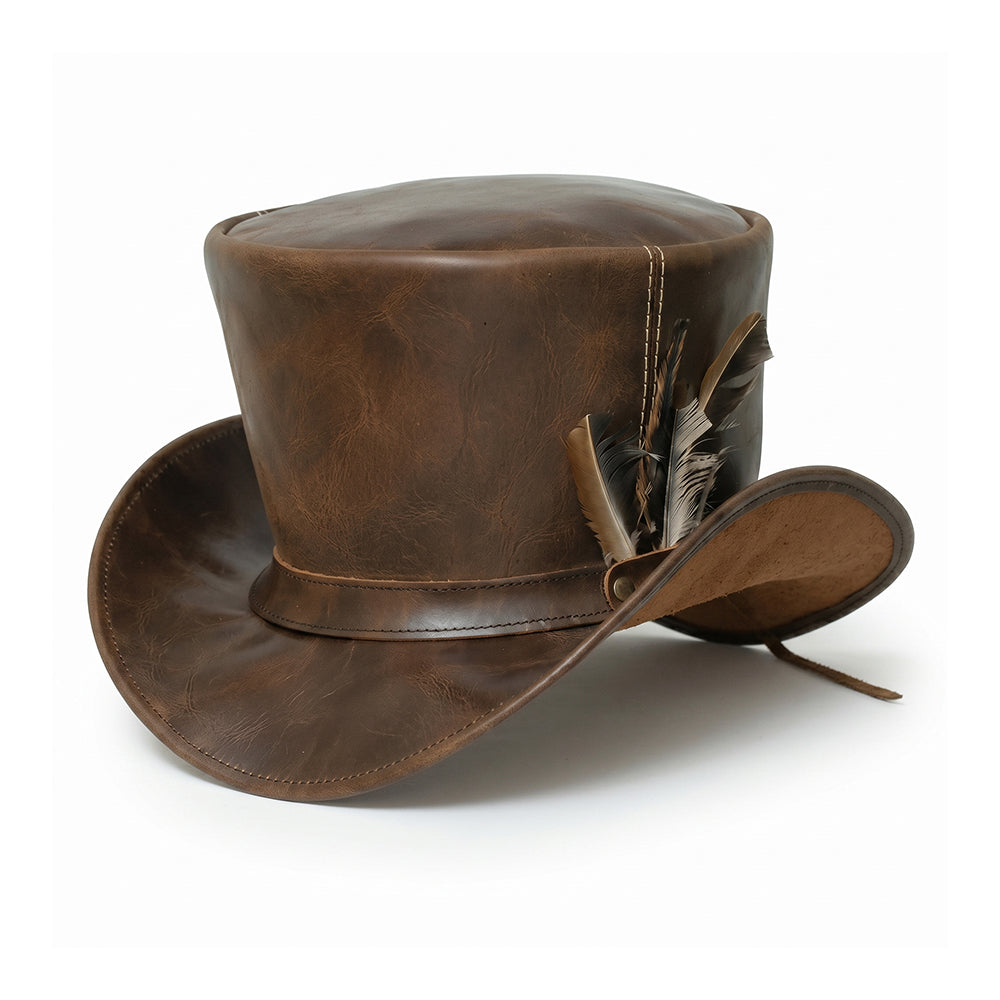 Distressed Brown Leather Top Hat Steampunk Gothic Biker Mad Hatter Feather Handmade Festival Hat