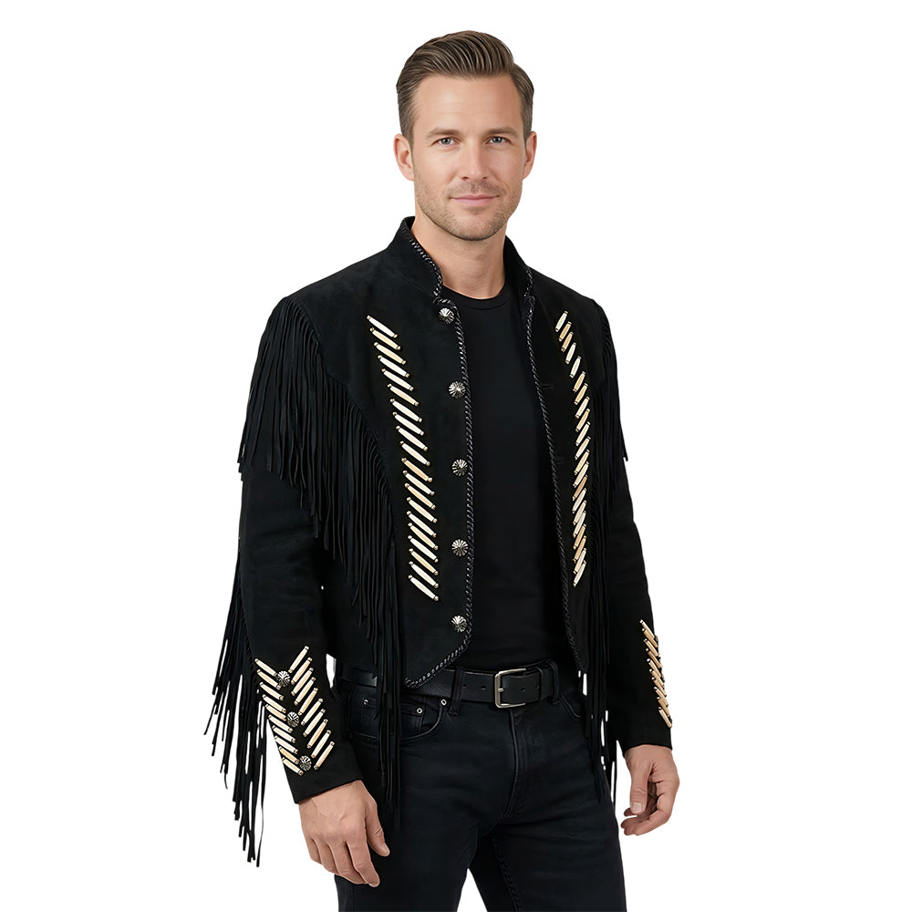 Mens Black Suede Fringe Jacket Western Cropped Beaded Cowboy Concho Coat Rodeo