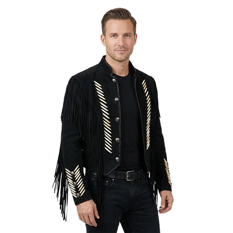 Mens Black Suede Fringe Jacket Western Cropped Beaded Cowboy Concho Coat Rodeo
