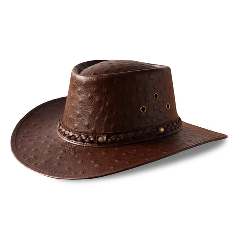 Brown Ostrich Embossed Leather Cowboy Hat Western Outback Wide Brim Braided Band Rodeo Ranch Hat
