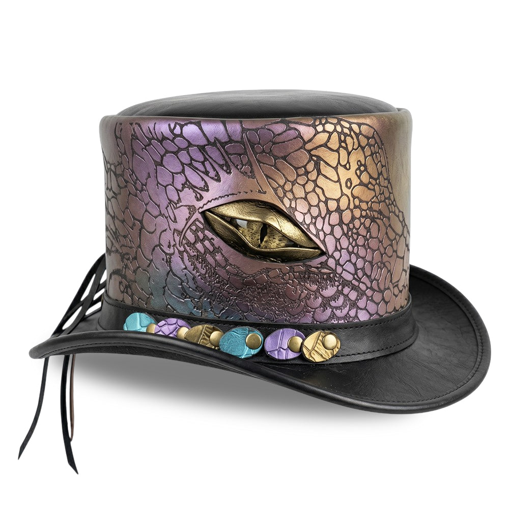 Dragon Eye Steampunk Top Hat - Leather Gothic Mad Hatter Cap with Iridescent Scales for Cosplay & Festivals