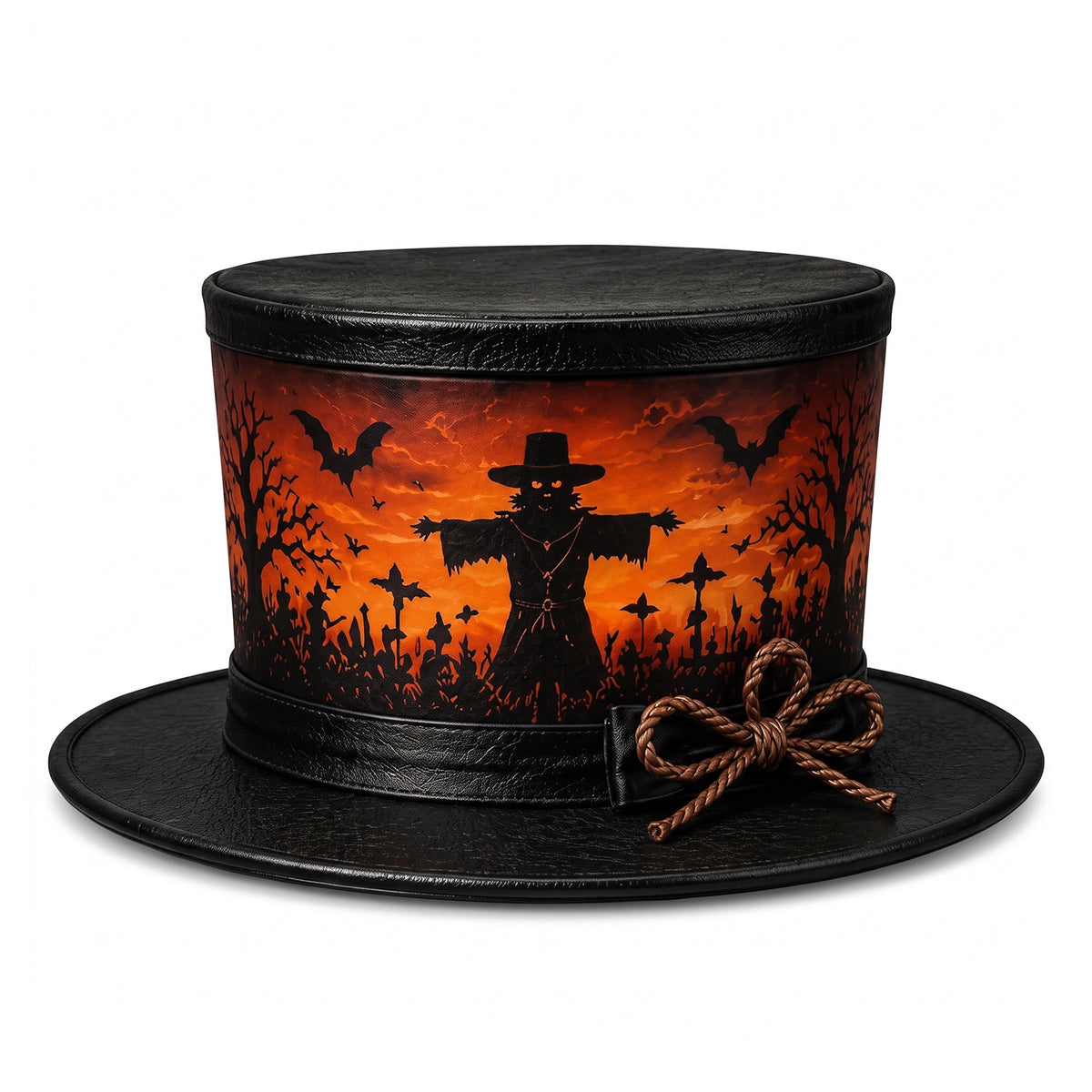 Halloween Scarecrow Leather Top Hat – Spooky Graveyard, Sunset Orange Sky, And Bats Costume With Rope Bow