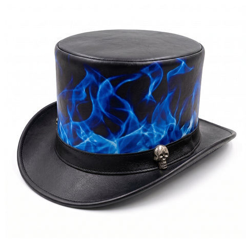 Black Leather Top Hat Blue Flame Skull Steampunk Gothic Biker Festival Hat