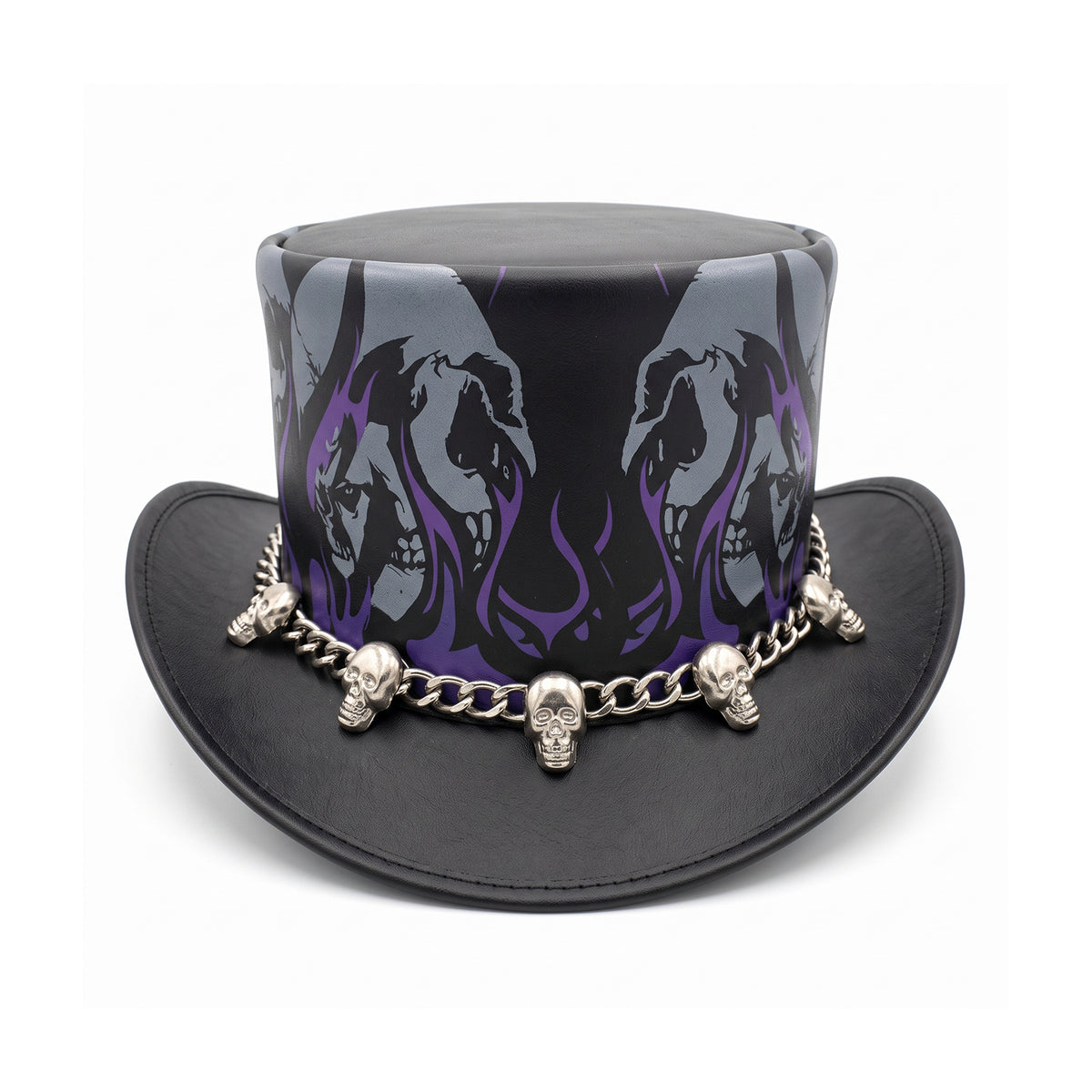 Gothic Leather Top Hat – Ghost Skull Print, Purple Flames, And Silver Skull Chainband For Biker, Rock, And Steampunk Style