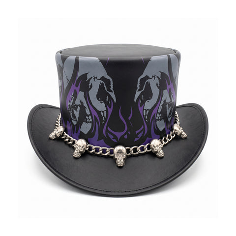 Gothic Leather Top Hat – Ghost Skull Print, Purple Flames, And Silver Skull Chainband For Biker, Rock, And Steampunk Style