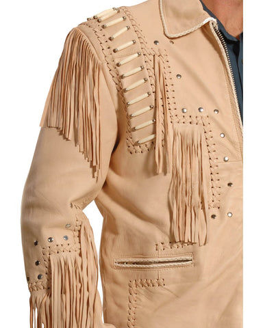 Mens Leather Fringe Jacket Western Studded Beaded Cowboy Zipper Coat Style