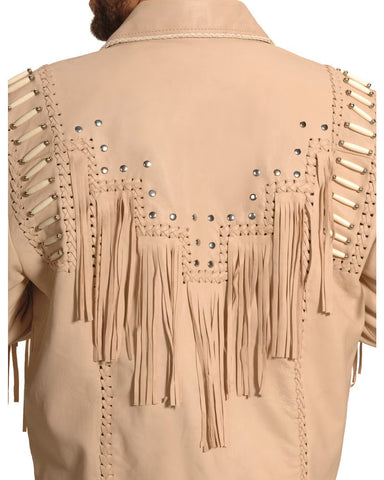 Mens Leather Fringe Jacket Western Studded Beaded Cowboy Zipper Coat Style