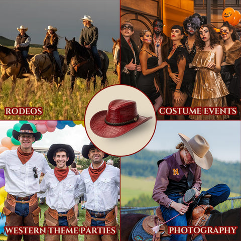 Crocodile Embossed Leather Cowboy Hat  Genuine Cowhide Maroon Retro Western Outback Sun Hat with Braided Metal Concho Band Unisex