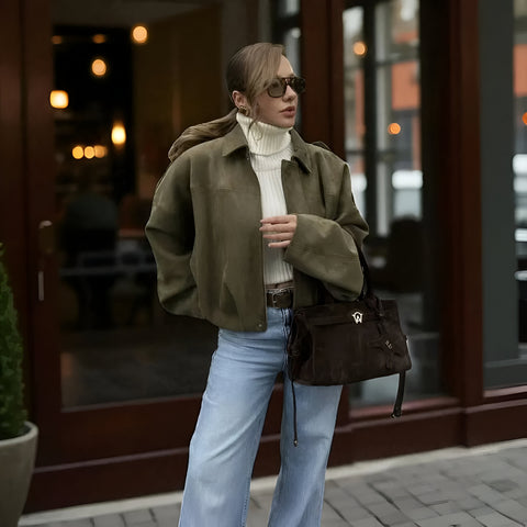 Women’s Genuine Suede Cropped Bomber Jacket – Oversized Leather Coat with Pleated Bubble Hem & Epaulette Shoulders