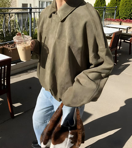 Women’s Genuine Suede Cropped Bomber Jacket – Oversized Leather Coat with Pleated Bubble Hem & Epaulette Shoulders
