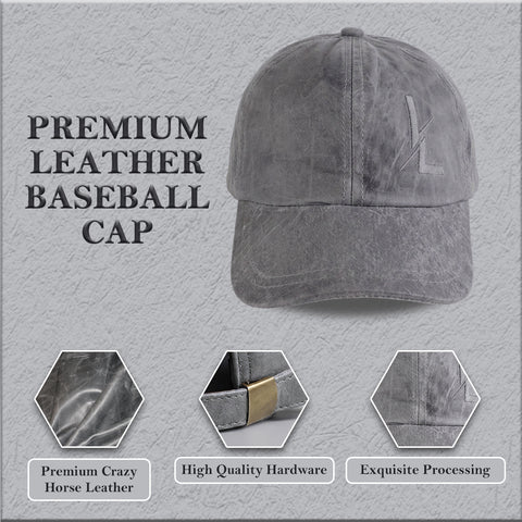 Premium Unisex Crazy Horse Leather Baseball Cap  Adjustable Strapback Dad Hat with Embroidered Logo and Breathable Lining