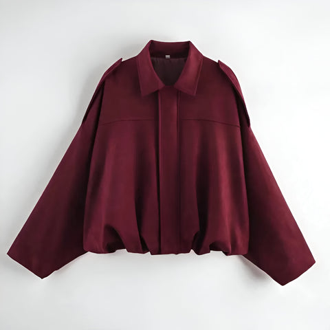 Women’s Genuine Suede Cropped Bomber Jacket – Oversized Leather Coat with Pleated Bubble Hem & Epaulette Shoulders