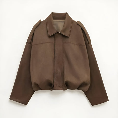 Women’s Genuine Suede Cropped Bomber Jacket – Oversized Leather Coat with Pleated Bubble Hem & Epaulette Shoulders
