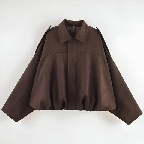 Women’s Genuine Suede Cropped Bomber Jacket – Oversized Leather Coat with Pleated Bubble Hem & Epaulette Shoulders