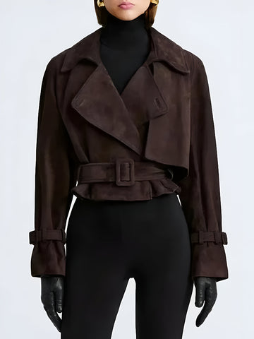 Chic Brown Suede Belted Jacket | Stylish Cropped Coat with Tailored Fit & Button Details | Women's Fashion Outerwear