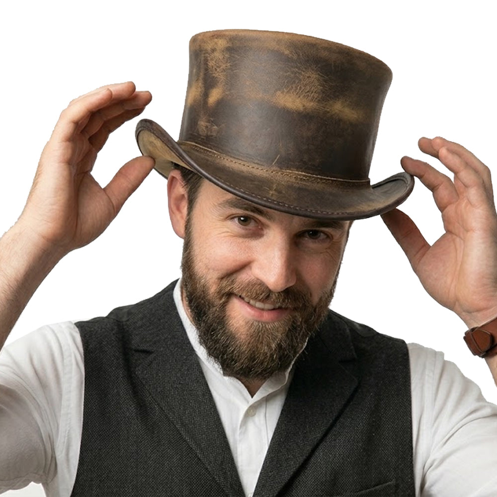 Distressed Brown Cowhide Top Hat Steampunk Gothic Biker Short Crown Shapeable Brim Unisex