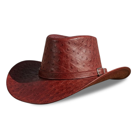 Red Ostrich Embossed Leather Cowboy Hat Western Outback Wide Brim Braided Band Rodeo Ranch Hat
