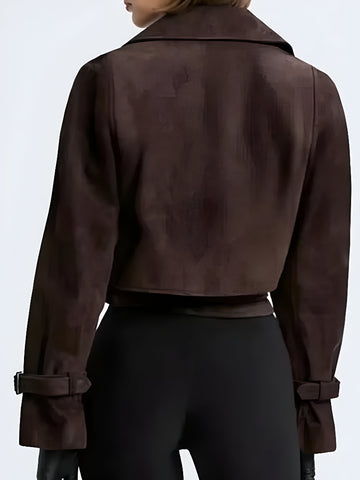 Chic Brown Suede Belted Jacket | Stylish Cropped Coat with Tailored Fit & Button Details | Women's Fashion Outerwear