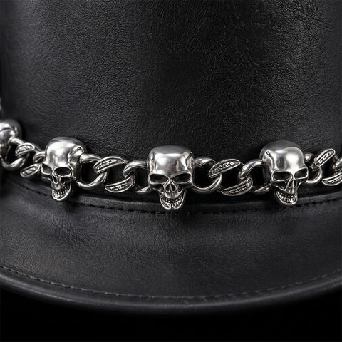 Leather Skull Chain Top Hat Steampunk Gothic Biker Handmade Cowhide Festival Cosplay Hat