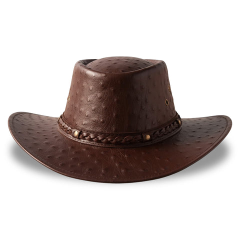 Brown Ostrich Embossed Leather Cowboy Hat Western Outback Wide Brim Braided Band Rodeo Ranch Hat
