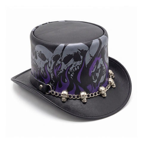 Gothic Leather Top Hat – Ghost Skull Print, Purple Flames, And Silver Skull Chainband For Biker, Rock, And Steampunk Style