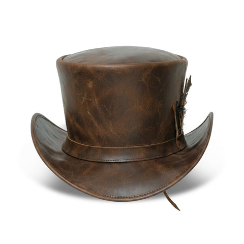 Distressed Brown Leather Top Hat Steampunk Gothic Biker Mad Hatter Feather Handmade Festival Hat