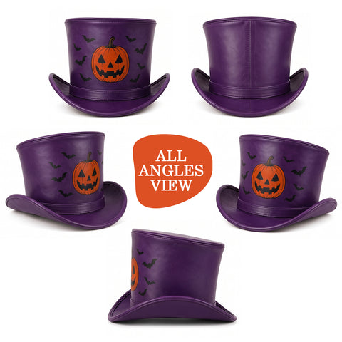 Purple Halloween Leather Top Hat – Spooky Pumpkin And Bats Design For Costumes, Cosplay, And Party Apparel