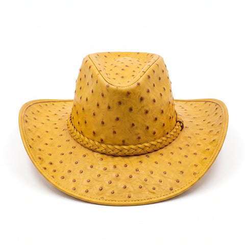 Mustard Yellow Ostrich Embossed Leather Cowboy Hat - Western Rodeo Wide Brim Hat