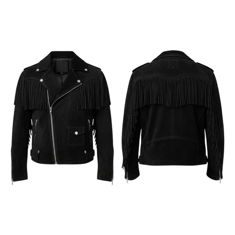 Mens Suede Biker Fringe Jacket Western Moto Asymmetrical Zipper Concho Belt