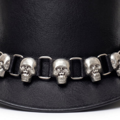 Leather Top Hat with Silver Skull Chain Band Steampunk Gothic Biker Unisex Structured Dress Hat for Cosplay