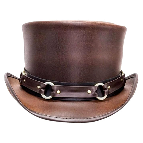 Handmade Steampunk Leather Top Hat – Victorian Biker Style with Decorative Band