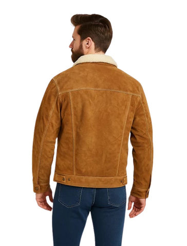 Men’s Genuine Suede Western Trucker Jacket – Brown Leather Coat with Patterned Yoke & Warm Faux Shearling Collar