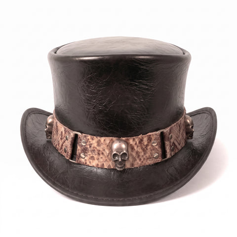 Handmade Cowhide Top Hat Skull Studs Steampunk Gothic Biker Pencil Roll Brim Festival Unisex