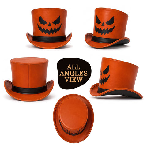 Orange Halloween Leather Top Hat – Spooky Jack O'Lantern Pumpkin Face Design For Costumes, Cosplay, And Party Apparel
