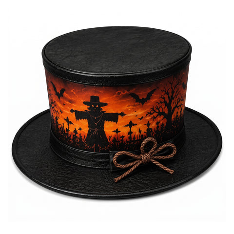 Halloween Scarecrow Leather Top Hat – Spooky Graveyard, Sunset Orange Sky, And Bats Costume With Rope Bow