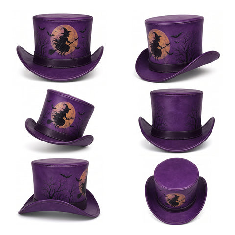Purple Halloween Leather Top Hat – Spooky Flying Witch, Full Moon, And Bats Design For Costumes, Cosplay, And Party Apparel