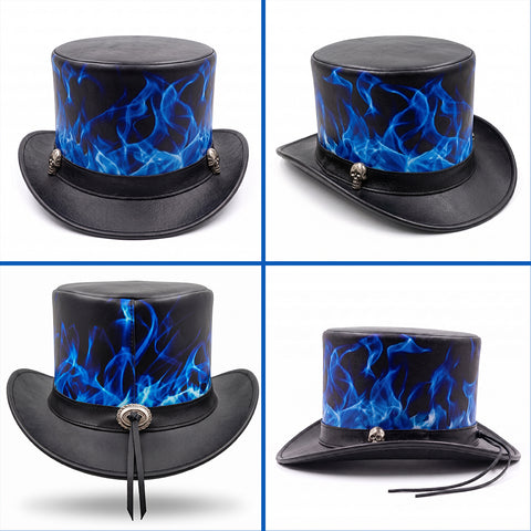 Black Leather Top Hat Blue Flame Skull Steampunk Gothic Biker Festival Hat