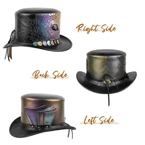 Dragon Eye Steampunk Top Hat - Leather Gothic Mad Hatter Cap with Iridescent Scales for Cosplay & Festivals
