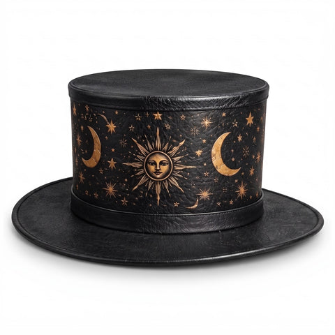 Celestial Sun and Moon Leather Top Hat - Steampunk Gothic Costume Hat