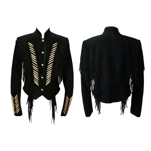 Mens Black Suede Fringe Jacket Western Cropped Beaded Cowboy Concho Coat Rodeo