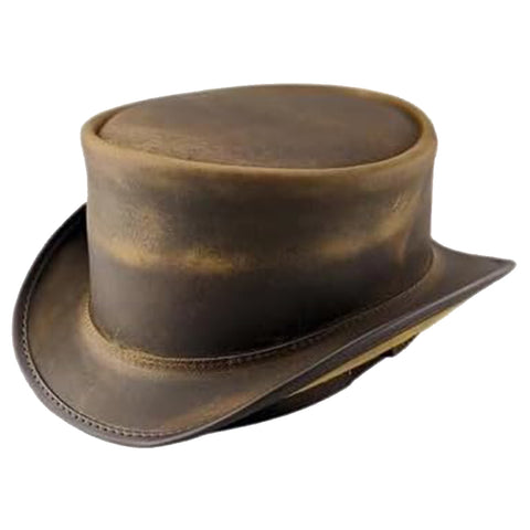 Distressed Brown Cowhide Top Hat Steampunk Gothic Biker Short Crown Shapeable Brim Unisex