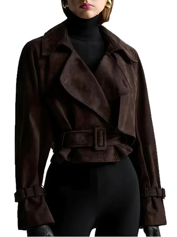 Chic Brown Suede Belted Jacket | Stylish Cropped Coat with Tailored Fit & Button Details | Women's Fashion Outerwear