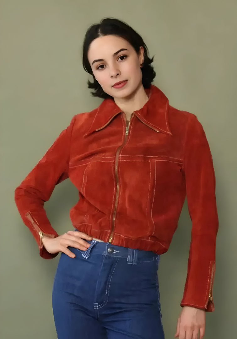 Vintage Red Suede Zip-Up Jacket for Women | Retro 70s Inspired Cropped Leather Bomber with Gold Zipper Details | Chic & Stylish