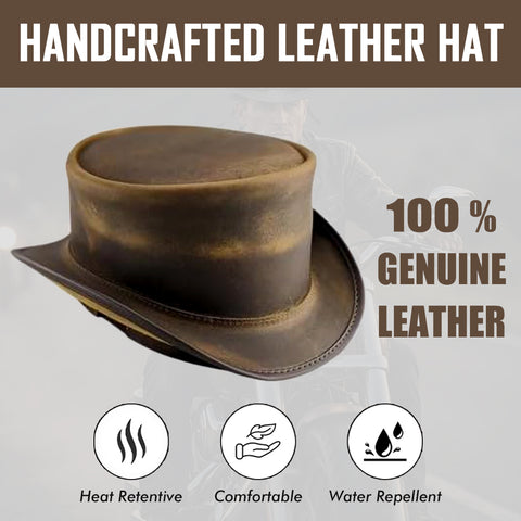 Distressed Brown Cowhide Top Hat Steampunk Gothic Biker Short Crown Shapeable Brim Unisex