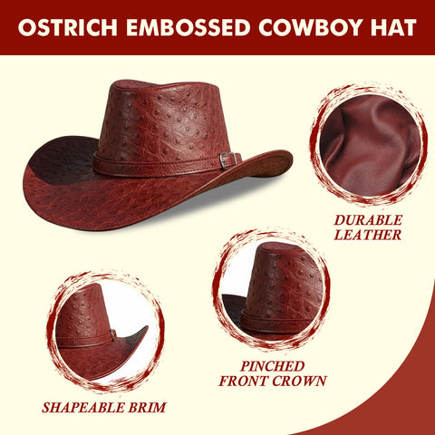 Red Ostrich Embossed Leather Cowboy Hat Western Outback Wide Brim Braided Band Rodeo Ranch Hat