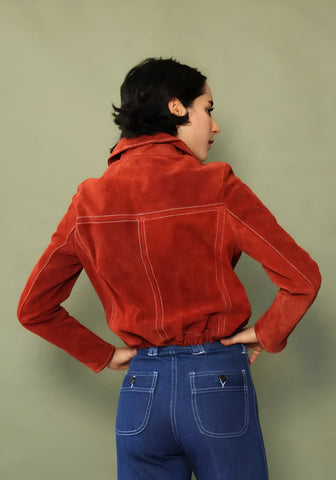 Vintage Red Suede Zip-Up Jacket for Women | Retro 70s Inspired Cropped Leather Bomber with Gold Zipper Details | Chic & Stylish