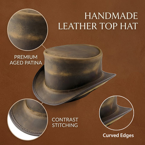 Distressed Brown Cowhide Top Hat Steampunk Gothic Biker Short Crown Shapeable Brim Unisex