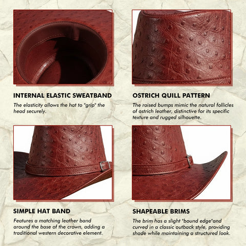 Red Ostrich Embossed Leather Cowboy Hat Western Outback Wide Brim Braided Band Rodeo Ranch Hat