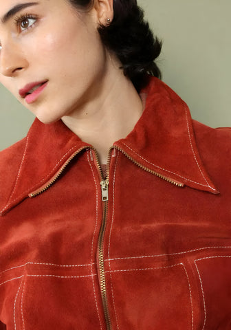 Vintage Red Suede Zip-Up Jacket for Women | Retro 70s Inspired Cropped Leather Bomber with Gold Zipper Details | Chic & Stylish